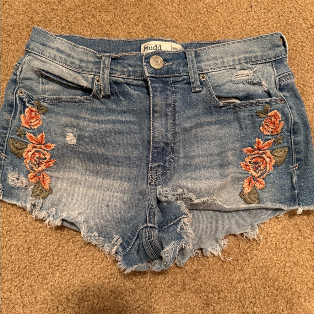 Mudd Blue and Orange Jean Shorts with Floral Embroidery